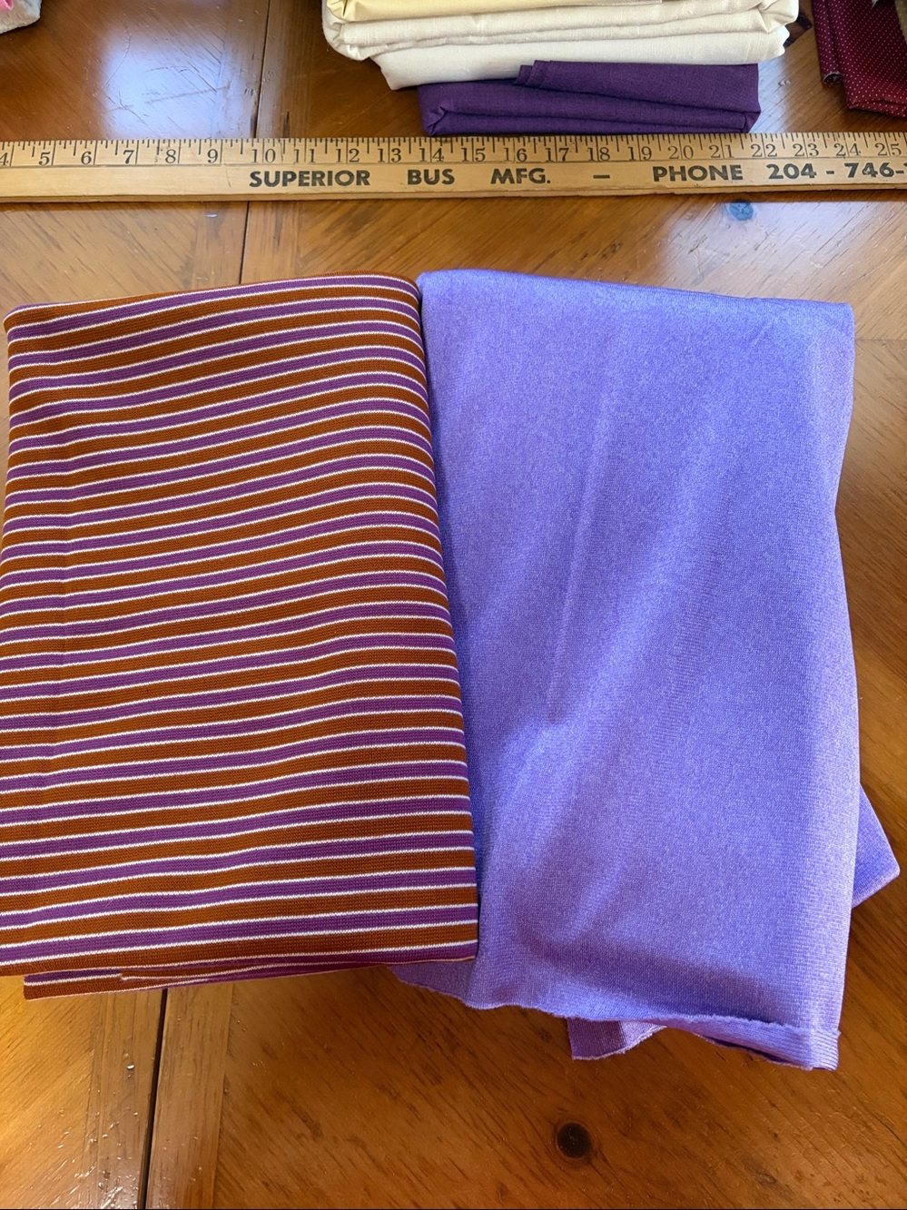 Fabric, 54” x 107” Lavender Polyester Knit + 34” x 65” Lavender & Brown Striped